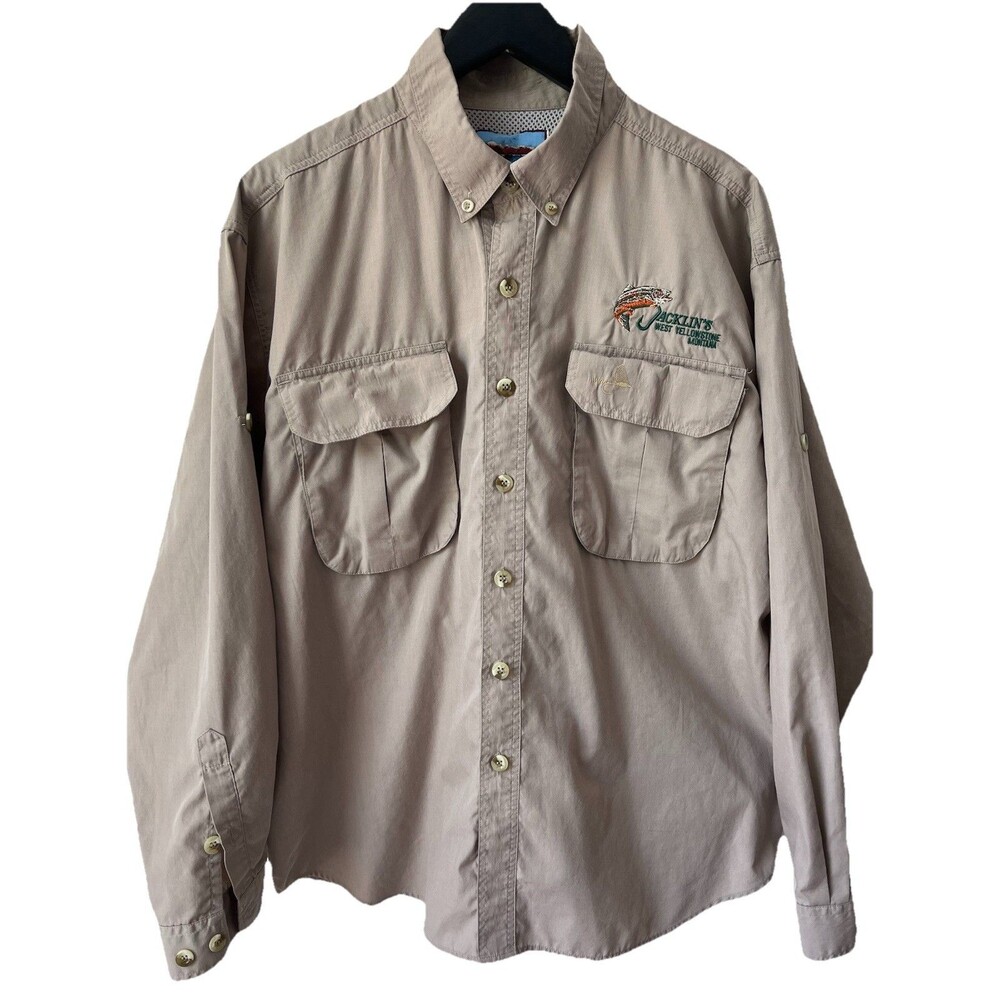 Pacific Fly Men's Tan Long Sleeve Button-Down Fishing Shirt Embroidered L TALL
